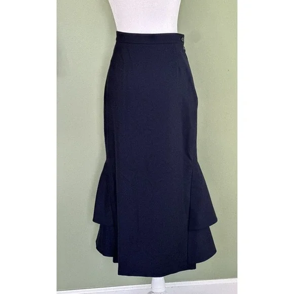 Lake Studio Skirt Midi Ruffle 100% Wool Navy Blue Classic Luxury Sz 42 US 6, M - Picture 3 of 11